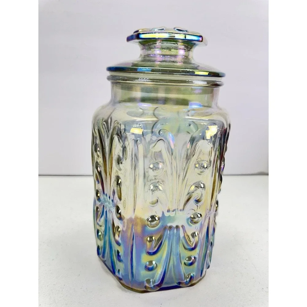 Vintage LE Smith Imperial Atterbury Scroll Canister Jar Iridescent Carnival 9